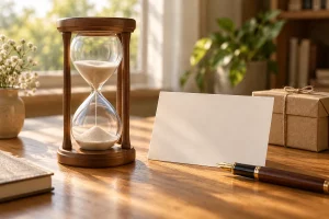 Đồng hồ cát khung gỗ bên tấm thiệp trắng, bút máy và hộp quà trên bàn trong ánh sáng buổi sáng