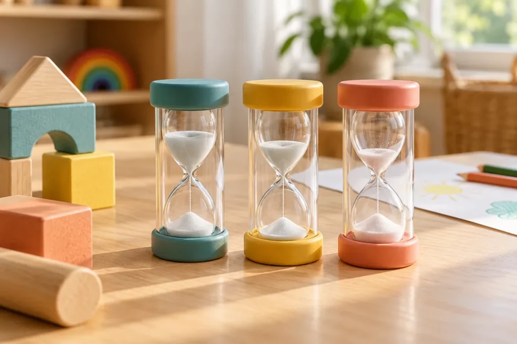 Ba đồng hồ cát có vỏ trong suốt, đầu chụp xanh, vàng và cam đặt cạnh khối gỗ trên bàn hoạt động