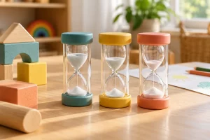 Ba đồng hồ cát có vỏ trong suốt, đầu chụp xanh, vàng và cam đặt cạnh khối gỗ trên bàn hoạt động