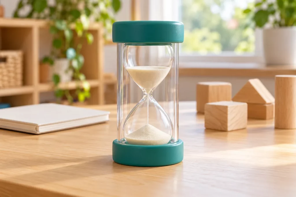 Đồng hồ cát có vỏ bảo vệ trong suốt và hai đầu màu xanh đặt trên bàn gỗ cạnh sổ và khối gỗ