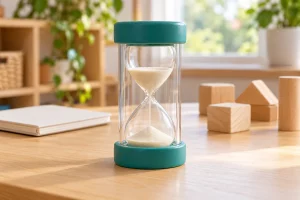 Đồng hồ cát có vỏ bảo vệ trong suốt và hai đầu màu xanh đặt trên bàn gỗ cạnh sổ và khối gỗ
