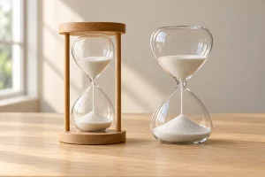 Đồng hồ cát khung gỗ và đồng hồ cát thủy tinh không khung đặt cạnh nhau trên bàn gỗ