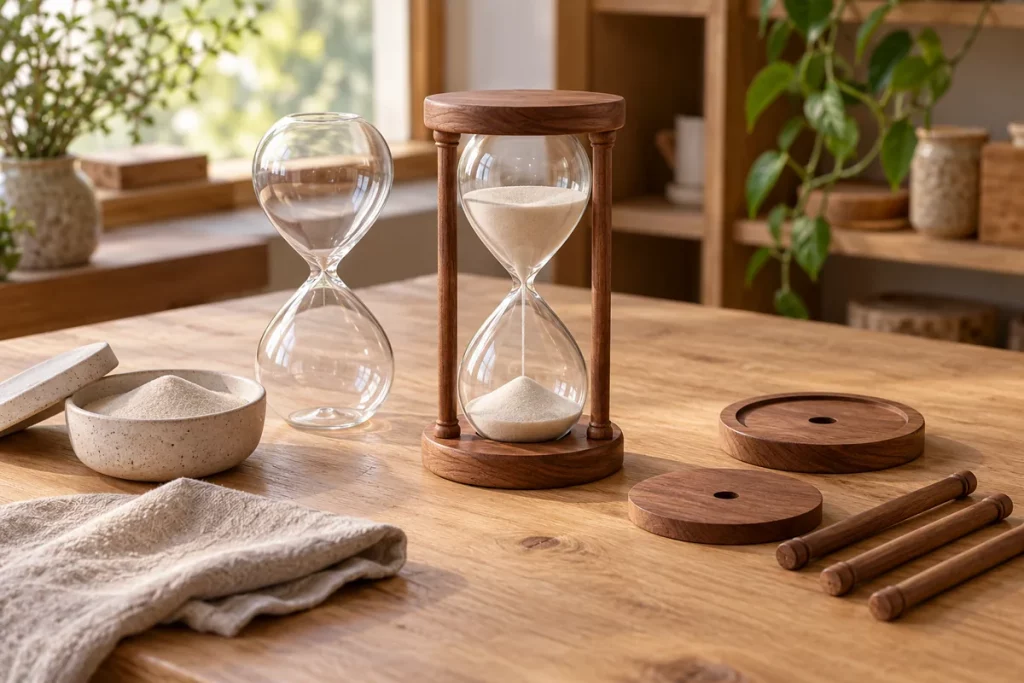 Bình đồng hồ cát và các chi tiết khung gỗ được sắp trên bàn thủ công