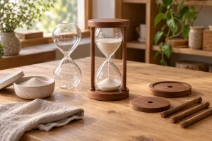 Bình đồng hồ cát và các chi tiết khung gỗ được sắp trên bàn thủ công
