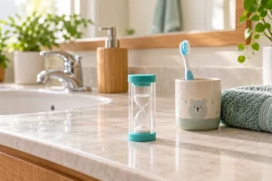 Đồng hồ cát hai đầu xanh đặt cạnh cốc bàn chải trẻ em và khăn trên mặt bàn phòng tắm