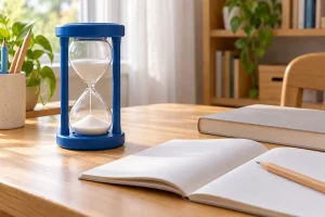 Đồng hồ cát khung xanh trên bàn học gỗ cạnh vở mở, bút chì và sách bìa trơn