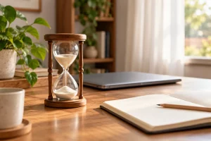 Đồng hồ cát khung gỗ trên bàn làm việc tại nhà, cạnh sổ mở, bút chì và máy tính xách tay