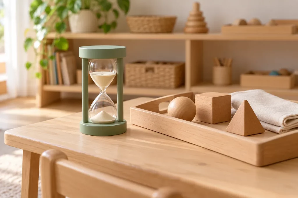 Đồng hồ cát khung xanh trên bàn gỗ thấp cạnh khay khối hình học và khăn vải trong góc học tập