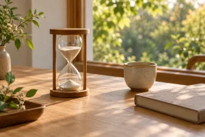 Đồng hồ cát khung gỗ đặt cạnh tách trà và sách trên bàn bên cửa sổ có cây xanh