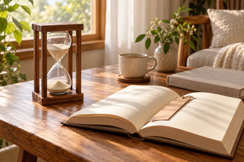 Đồng hồ cát khung gỗ cạnh sách mở và dấu trang trên bàn đọc gần cửa sổ