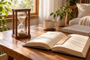 Đồng hồ cát khung gỗ cạnh sách mở và dấu trang trên bàn đọc gần cửa sổ