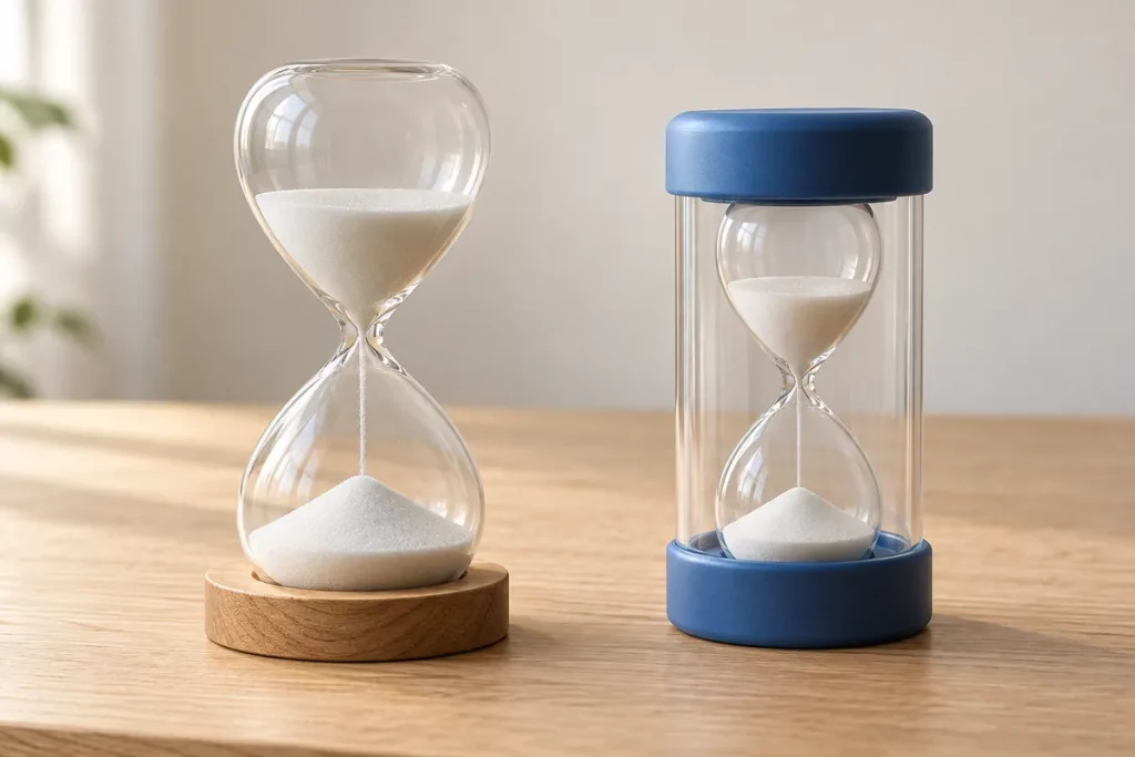 Đồng hồ cát thủy tinh đế gỗ bên cạnh đồng hồ cát có vỏ trong và nắp nhựa xanh trên bàn
