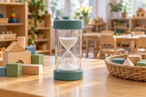 Đồng hồ cát vỏ trong suốt, hai đầu xanh đặt cạnh khối gỗ và rổ đồ chơi trên bàn lớp mầm non