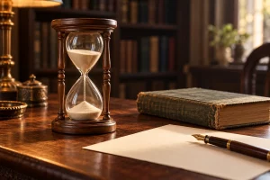 Đồng hồ cát khung gỗ đang chảy cạnh sách bìa vải, giấy trắng và bút máy trên bàn đọc sách