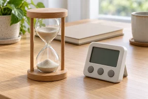 Đồng hồ cát khung gỗ cạnh bộ hẹn giờ điện tử màn hình tắt trên bàn học sáng màu