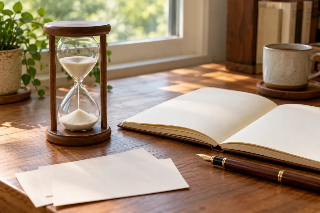 Đồng hồ cát khung gỗ cạnh sổ mở, bút máy và giấy trắng trên bàn viết gần cửa sổ