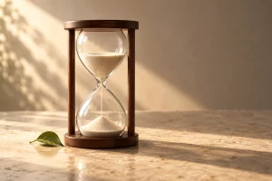 Đồng hồ cát khung gỗ với dòng cát màu ngà trên bàn đá, cạnh chiếc lá xanh trong nắng sớm
