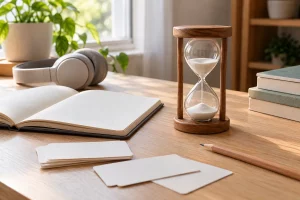 Đồng hồ cát khung gỗ bên sổ mở, thẻ học từ trắng và tai nghe trên bàn học gần cửa sổ