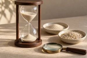 Đồng hồ cát khung gỗ bên hai đĩa hạt mịn và hạt thô cùng kính lúp trên bàn màu be