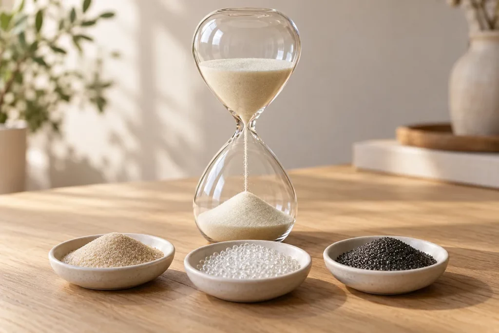 Đồng hồ cát thủy tinh trên bàn gỗ cạnh ba đĩa hạt màu be, hạt trong suốt và hạt đen
