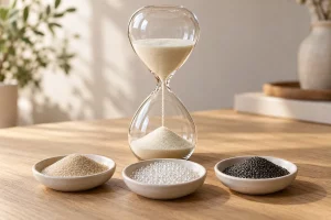 Đồng hồ cát thủy tinh trên bàn gỗ cạnh ba đĩa hạt màu be, hạt trong suốt và hạt đen