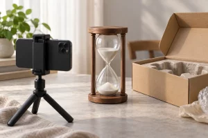 Đồng hồ cát khung gỗ bên điện thoại trên chân máy và hộp có lớp đệm bảo vệ