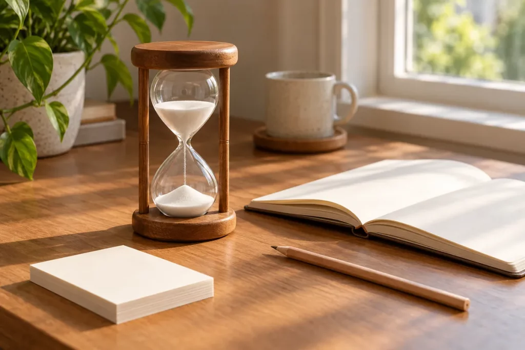 Đồng hồ cát khung gỗ với cát trắng trên bàn cạnh sổ mở, bút chì và các tấm thẻ giấy trắng