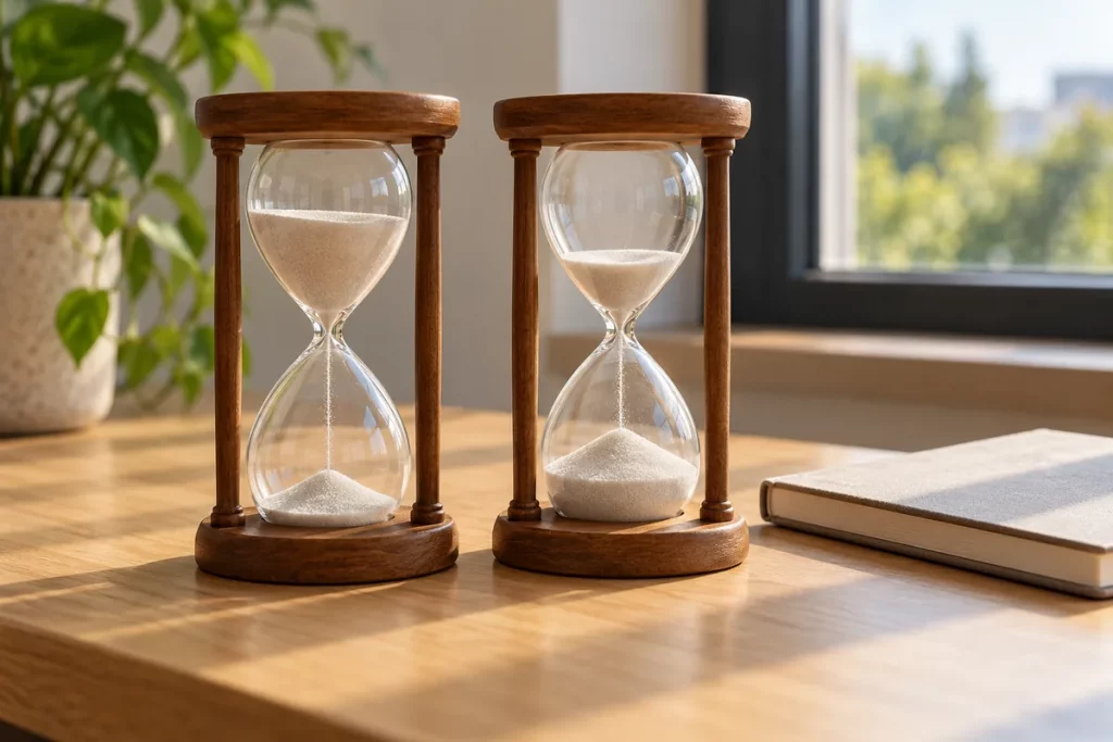Hai đồng hồ cát khung gỗ có mức hạt khác nhau đặt cạnh cuốn sổ trên bàn