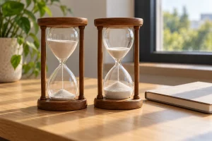 Hai đồng hồ cát khung gỗ có mức hạt khác nhau đặt cạnh cuốn sổ trên bàn